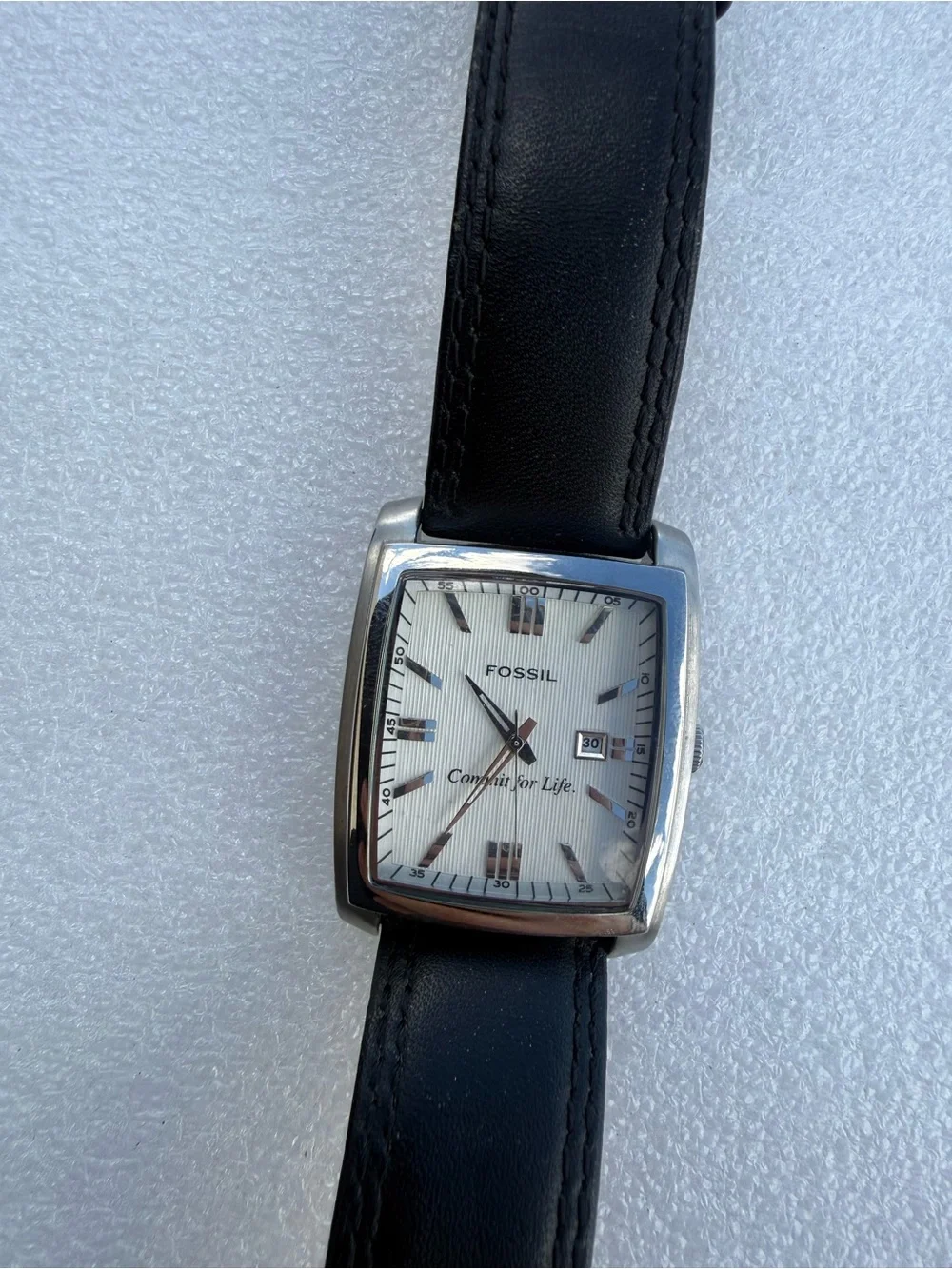 Fossil Silver-Tone Rectangular Watch with Black Leather Strap